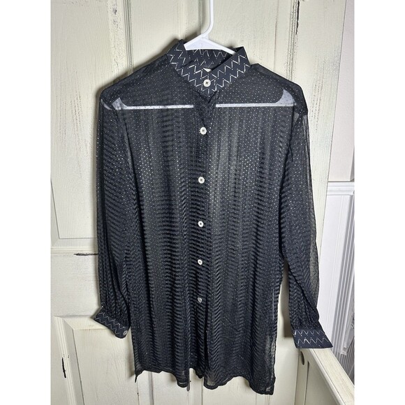 Gideon Oberson Button Down Black With Silver Metallic Sheer Blouse Sz S - Picture 1 of 8